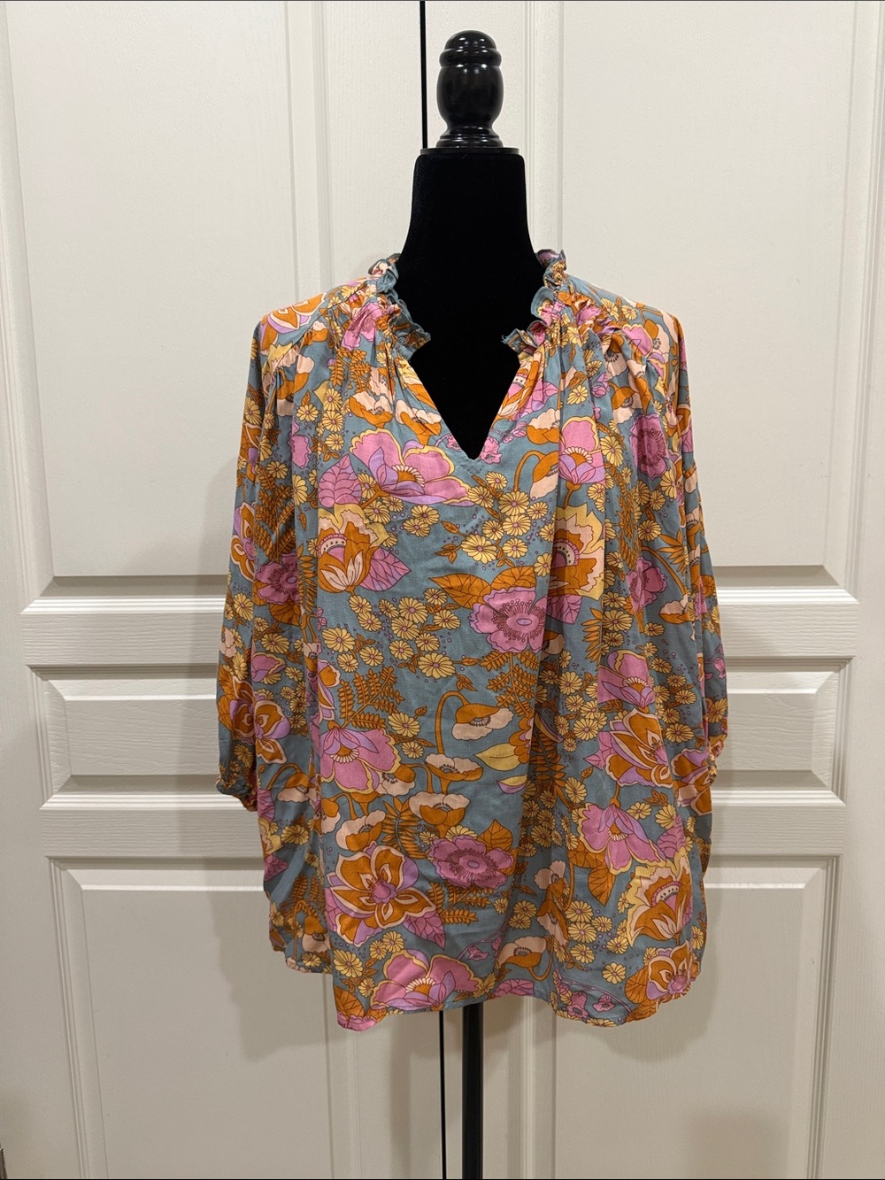 entro Floral Split-Neck Blouse in Blue, Pink & Gold